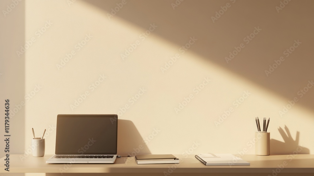 Aufkleber minimalist workspace with laptop and stationery in serene setting during afternoon light. generative
