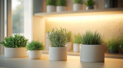 Fototapeta premium Attractive indoor plants arranged on a wooden surface with soft lighting in a modern space. Generative AI