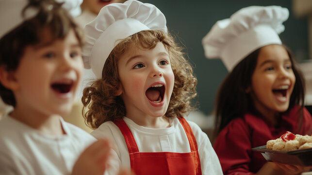 Group of young kids excitedly pretending to serve food from a toy kitchen, their chef hats and aprons enhancing the imaginative playtime.