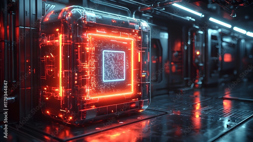 Poster futuristic parcel box with glowing digital qr code in high tech delivery hub