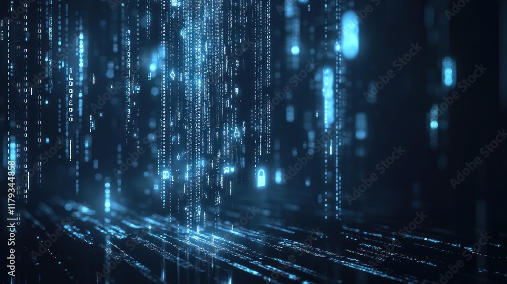 Poster digital rain with glowing blue data streams flowing downward in a futuristic setting. generative ai