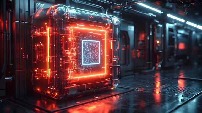 Futuristic Parcel Box with Glowing Digital QR Code in High Tech Delivery Hub