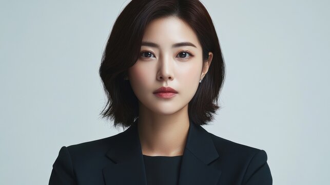 Confident young Asian woman in black blazer, headshot.