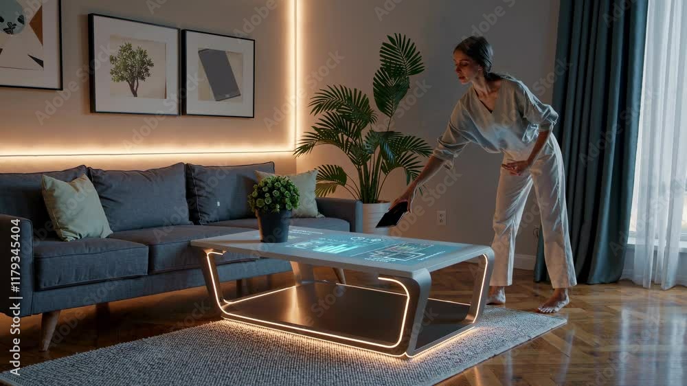 Poster Modern living room features interactive coffee table and sleek design elements with ambient lighting