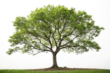 Obraz premium A majestic deciduous tree with vibrant green foliage, standing alone against a bright white background, showcases its intricate branches and lush canopy.