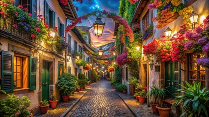 Surreal Alleyways of Funchal, Madeira: Enchanted Streets, Vibrant Colors, Dreamlike Landscapes, and Mystical Elements