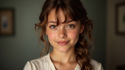 A captivating close-up of a young woman, her warm brown eyes locked on the lens as a gentle smile plays on her lips. Her loose, curly brown hair frames her face, topped by a crisp white long-sleeved s