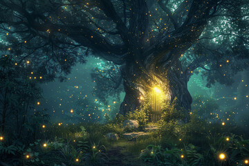 Obraz premium Fantastically beautiful door in wild forest leading to deep unknown, abstract vivid composition consists of fictional unreal fantastic vision on background