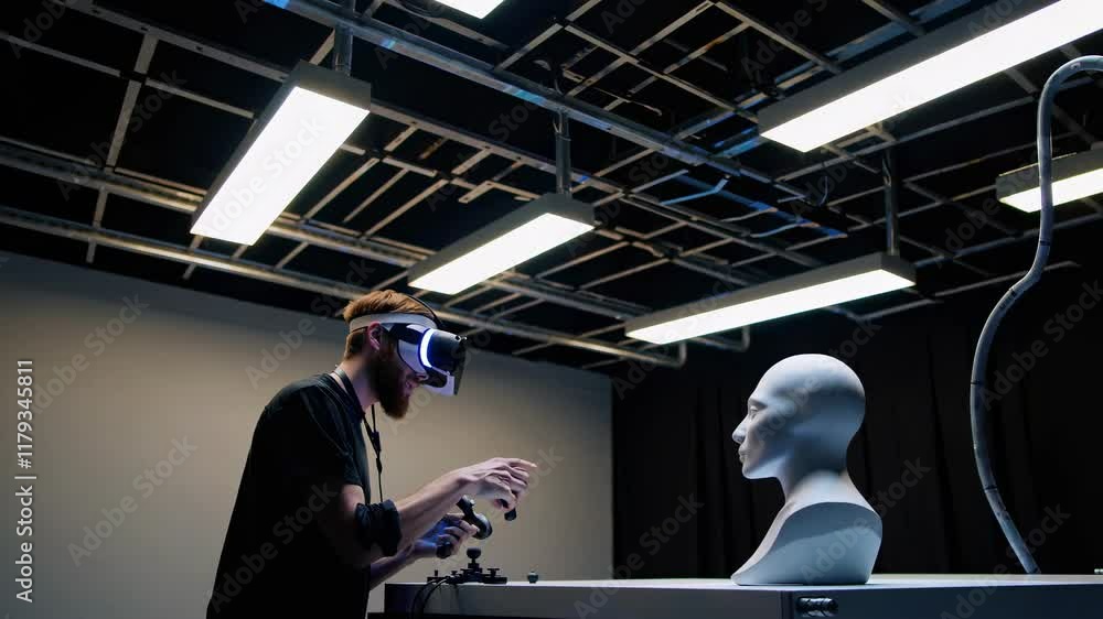Poster engaging in virtual reality simulation with interactive technology in a modern studio environment