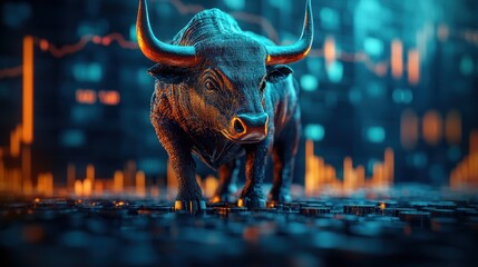 Bull statue representing financial markets in a digital trading environment during a bright night. Generative AI
