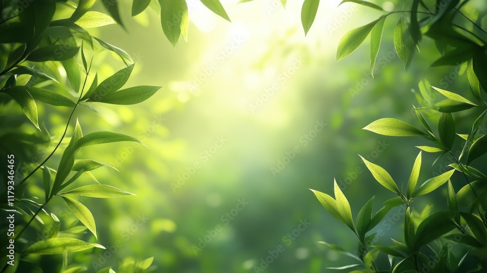 Poster lush green foliage illuminated by soft sunlight in a serene forest setting during daytime. generativ