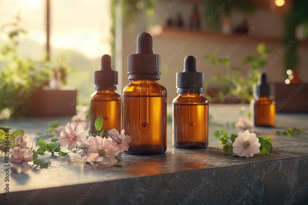 Poster natural oils arranged on a rustic stone surface with flowers and greenery in a serene setting. gener