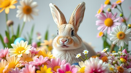 Fototapeta premium Happy Easter Bunny with Flowers - Springtime Celebration