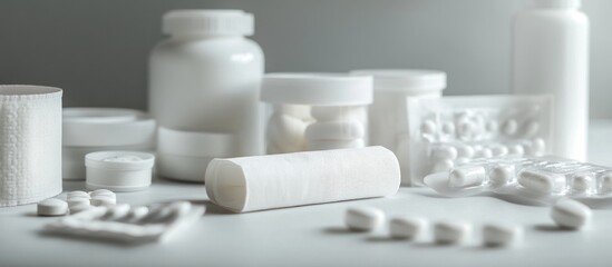White pills, capsules, and containers on a white surface.