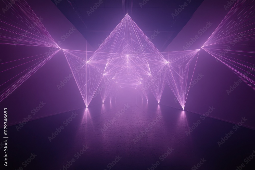 Poster laser light installation creates mesmerizing geometric patterns in a darkened space. generative ai
