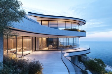Fototapeta premium A contemporary coastal mansion with a curved glass facade and a rooftop terrace overlooking the horizon