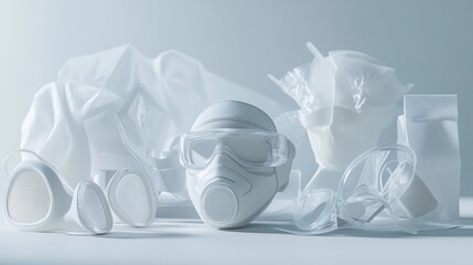 White plastic waste, including a respirator, goggles, and various containers, arranged on a light background.
