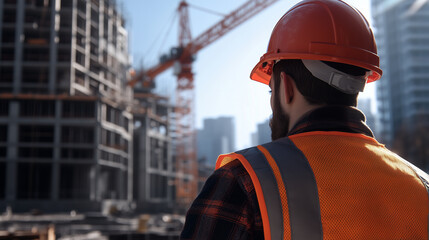Construction worker in a hard hat and safety vest, carefully inspecting the building site with a crane towering over an unfinished structure in the background.