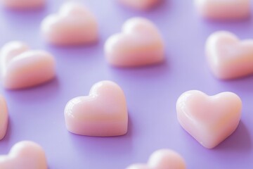 Close-up of pastel pink heart-shaped candies arranged on a lavender background.