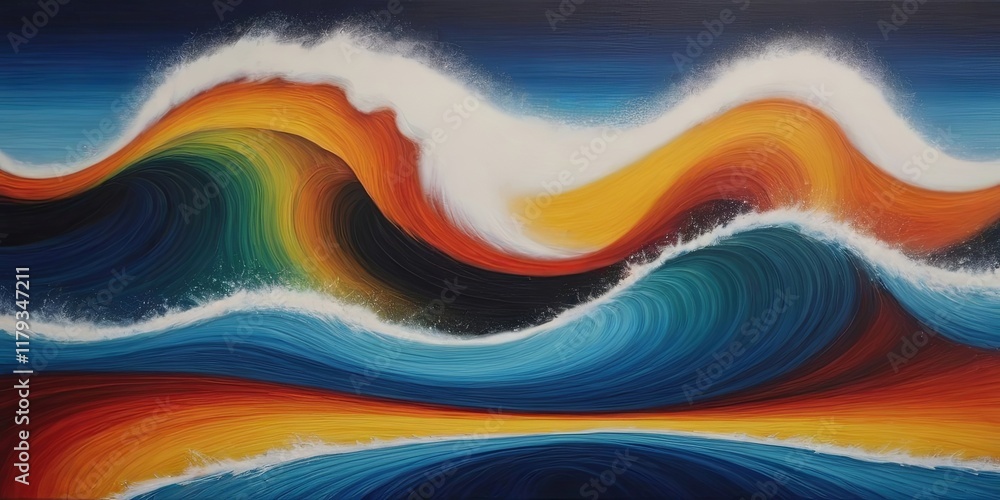 Poster a painting of a wave with a rainbow in the background