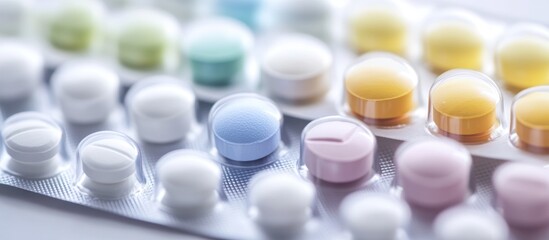 Close-up of colorful pills in blister packs.