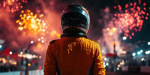  Back view of a formula one racier in helmet and yellow uniform, standing and looking at fireworks in the sky at night after competitive race © master1305