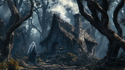 Mysterious figure approaches an ancient cottage in a foggy enchanted forest during twilight. Generative AI