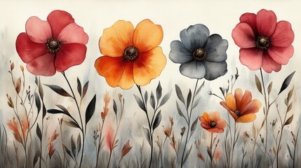 Four watercolor flowers in red, orange, blue, and pink with stems and leaves.