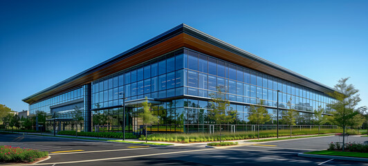 Obraz premium Modern glass building with landscaped surroundings under clear blue sky