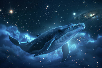 Fototapeta premium Fantastically beautiful majestic huge whale in deep blue ocean, abstract vivid composition consists of fictional unreal fantastic vision on background