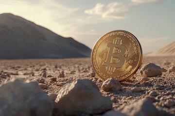 Bitcoin coin resting on rocky ground in a desert landscape at sunset under a clear sky