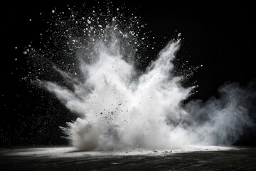 A powerful explosion of white powder against a stark black background, showcasing a dramatic burst of particles and debris in motion.