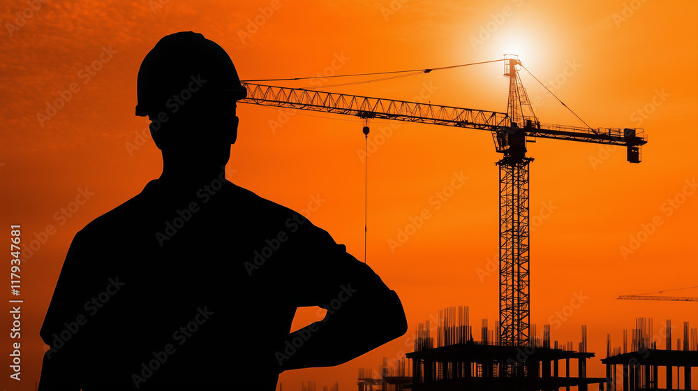 Poster construction worker gesturing towards the building under construction while cranes operate overhead,