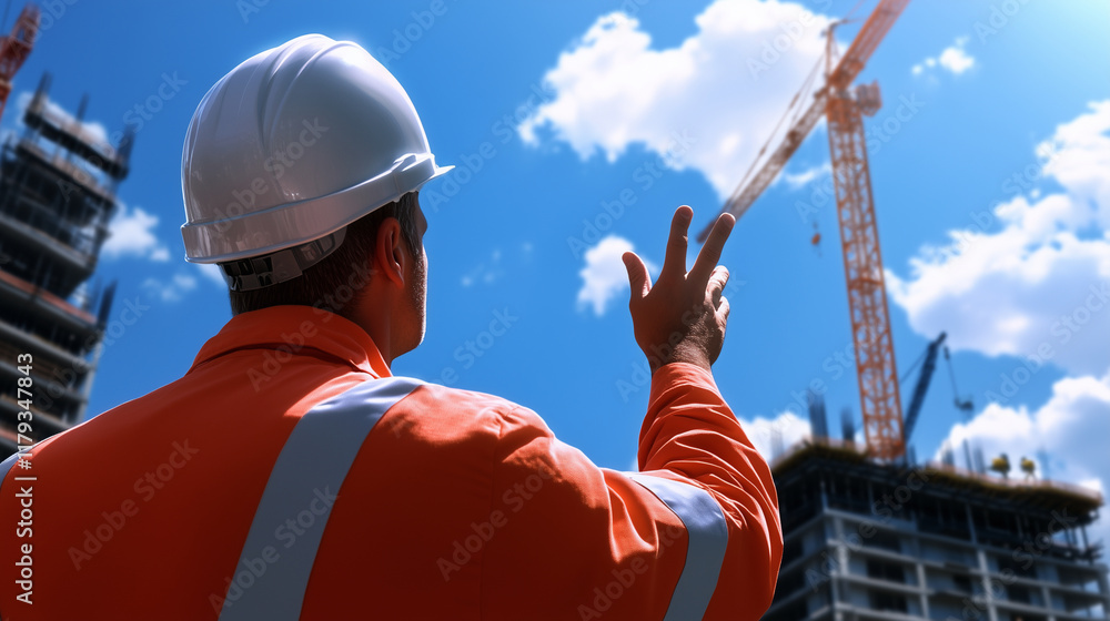 Poster construction worker gesturing towards the building under construction while cranes operate overhead,