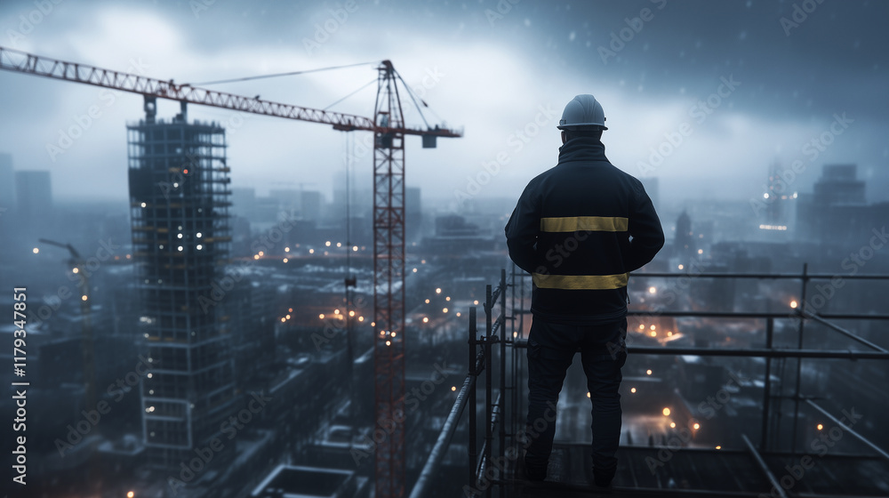 Poster worker standing on scaffolding, surveying the site below as cranes and beams form a dynamic skyline.