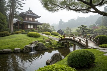 Naklejka premium Serene Japanese Garden with Wooden Bridge and Pagoda on a Misty Morning