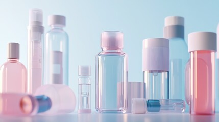 Assorted pastel-colored cosmetic bottles and containers on a light blue background.