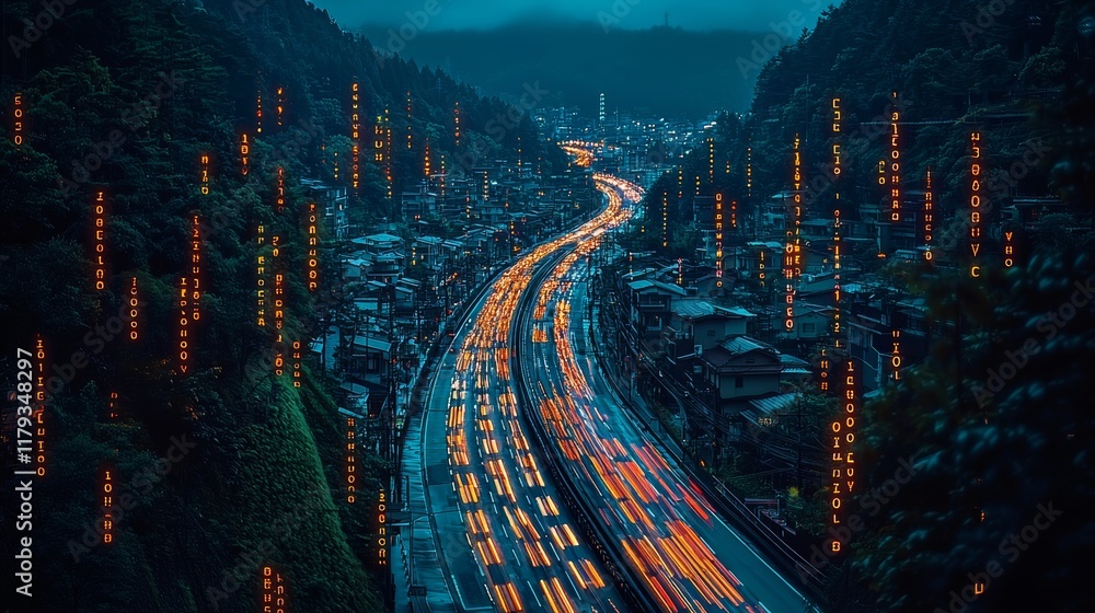 Poster digital cityscape featuring binary code and light trails