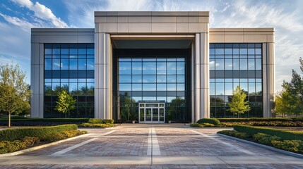 building with an elegant, polished exterior, featuring a grand entrance with a large marble lobby and sleek design elements that represent a prestigious business atmosphere.
