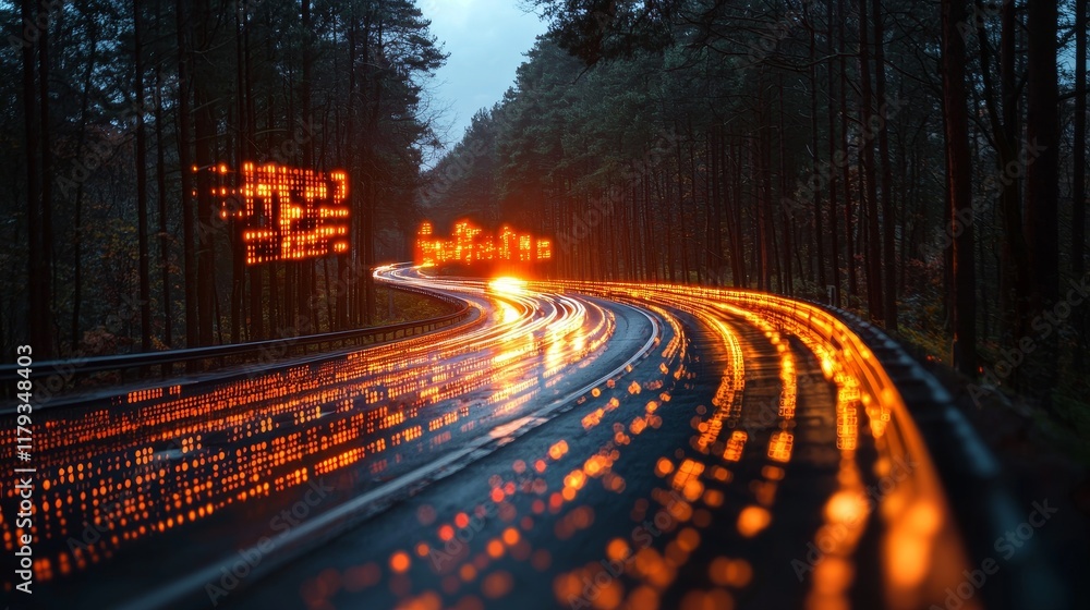Poster the digital cityscape adorned with binary code and light trails