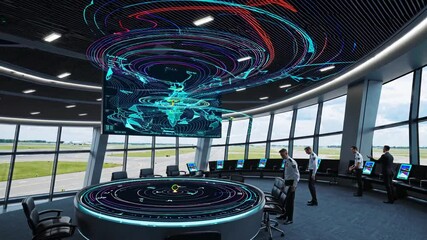 Advanced air traffic control center engages in real-time operations with innovative technology