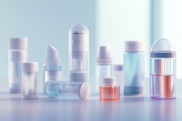 Assorted cosmetic containers on a light blue surface.