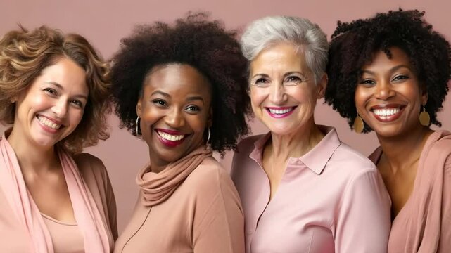 Women day. Happy women of all ages and race together, smiling and hugging each other. Diversity