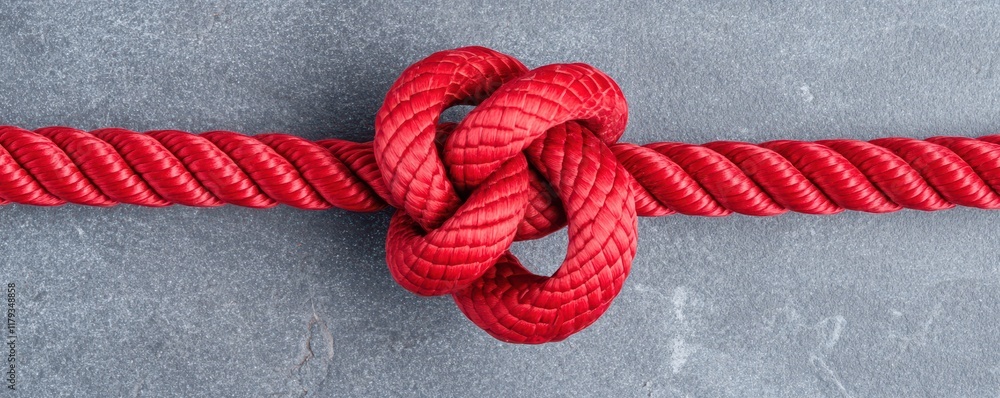 Poster red rope knot on gray background texture connection and teamwork concept