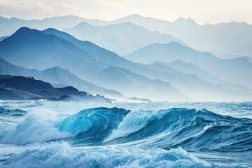 Obraz premium Ocean waves crashing against a dramatic coastline, with layers of misty mountains in the background.
