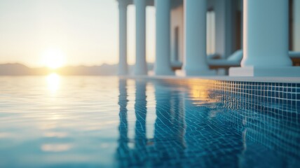 Naklejka premium Serene Sunset Reflection in Luxury Infinity Pool with Columns