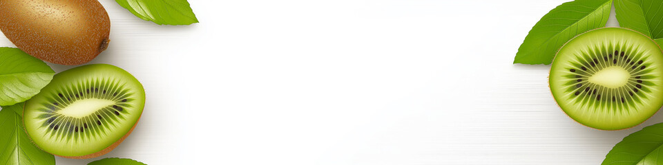 Ripe kiwis and kiwi slices with green leaves arranged on white background. Kiwi wallpaper, banner