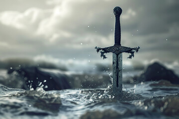 Naklejka premium Fantastic weapon royal sword with beautiful handle and sharp blade, abstract vivid composition consists of fictional unreal fantastic vision on background