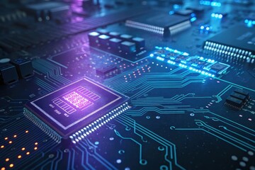 Close-up view of a microchip on a circuit board, illuminated with vibrant blue and purple hues, showcasing intricate technological detail.