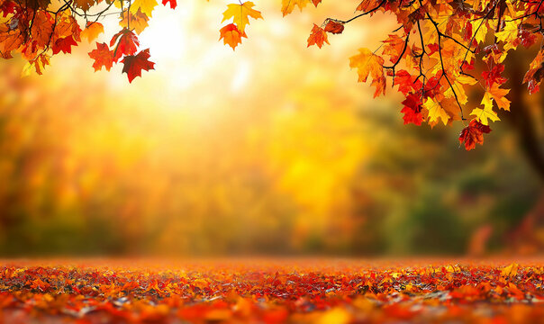 Autumn background with blurred autumn leaves on trees and falling leaves in a park at sunset. Autumn natural landscape with copy space, a fall season background. Generative Ai